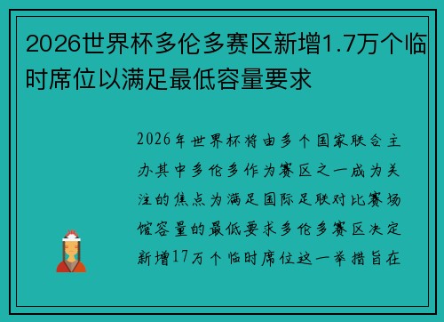 2026世界杯多伦多赛区新增1.7万个临时席位以满足最低容量要求