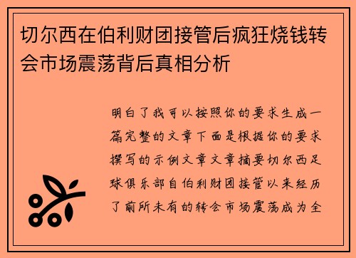 切尔西在伯利财团接管后疯狂烧钱转会市场震荡背后真相分析